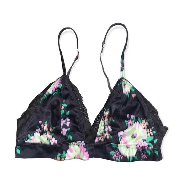 Aerie Bralette Women’s Size Medium Brown Pink Floral Shine Triangle Lace Silky‎ - Picture 1 of 10